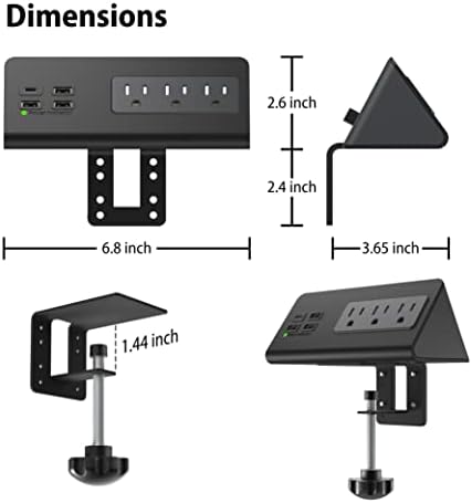 Edge Mount Power Strip with USB-C & AC Outlets – 3 AC Sockets and 4 Fast-Charging USB Ports for Home, Office, and Dorm – Desk Clamp Surge Protector, Compact Design for Enhanced Convenience and Safety – Black (2-Pack)