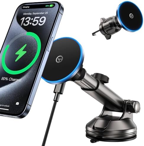 Mag Safe Wireless Car Charger Mount – Ultimate Magnetic Phone Holder for i Phone 12-16 Series, Dash/Windshield/Vent Compatibility, Enhanced Quick Charge with LED Light for Safe Navigation and Seamless Connectivity