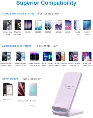 NANAMI Qi-Certified Fast Wireless Charging Stand – Ultimate Compatibility for Samsung Galaxy S25/S24/S23/S22/S21/S20 & i Phone 16/16 Pro/16 Pro Max/15/14/13 – Sleek Design, Rapid Power Delivery, and Adjustable Viewing Angles for a Seamless Charging Experience