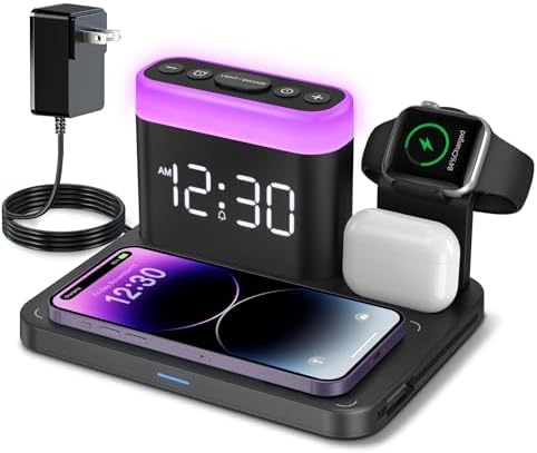 Revolutionize Your Charging Experience with the ANJANK 5-in-1 Wireless Charging Station: Multifunctional Dock for i Phone 16/15/14/13/12 Pro Max, Apple Watch & Air Pods with Adjustable Night Light and Built-In Alarm Clock for Seamless Device Management and Enhanced Ambiance