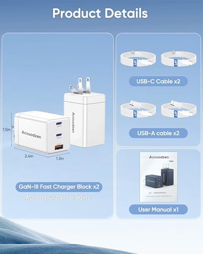 Ultimate Compact 3-Port Ga N USB C Charger Block Duo – Lightning-Fast Power for Mac Book, i Phone, Samsung Galaxy & Android Devices – Includes Four Durable 6 FT Cables – Foldable Travel Design for Maximum Portability and Efficiency