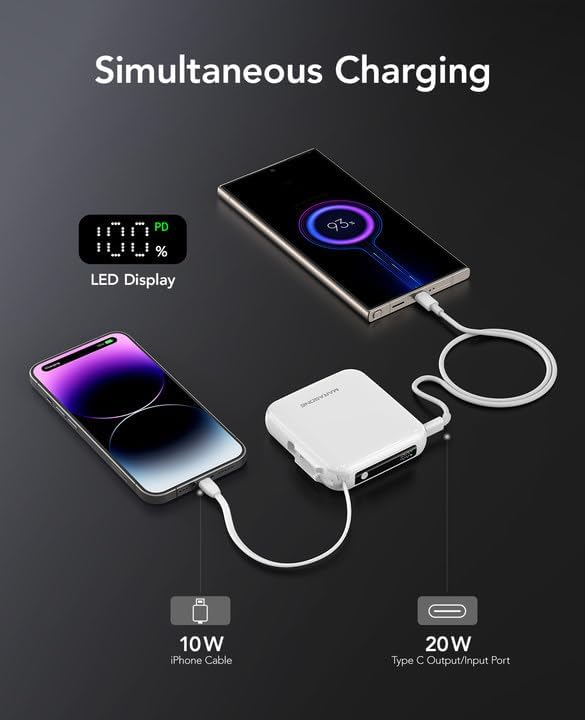 Ultra-Compact 10,000 m Ah Mini Power Bank – Fast Charging 20 W Dual Device Charger with Built-In Cables for i Phone, Samsung, Google & More – Perfect Travel Companion for On-the-Go Power Needs