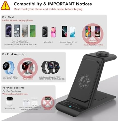 HATALKIN 3-in-1 Wireless Charging Station for Google Pixel Devices – Fast Charger for Pixel Watch 3/2, Pixel Buds Pro/2 with Adapter – Sleek Design for Home & Office with Enhanced Compatibility and Safety Features
