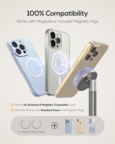 Nulaxy Premium Magnetic Aluminum Phone Stand with Dual Metal Rings – 360-Degree Rotating Adjustable Holder for Desk and Office – Universal Compatibility with Mag Safe Cases – Sleek Gray Design for Enhanced Productivity and Convenience