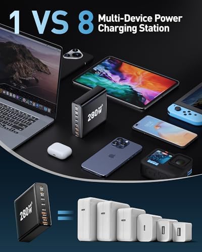 Revolutionize Your Charging Routine with the 280 W Ga N USB-C 8-Port Fast Charging Station – Power Up Laptops, Smartphones & More with PD 65 W Compatibility for Mac Book Pro/Air and Dell – Compact & Lightweight Design Perfect for Home, Office, and Travel – Universal Fast Charger for i Phone, Samsung Galaxy & All USB-C Devices