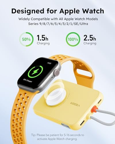 VEGER 5000 m Ah Mini Power Bank with Built-in Cable – PD 20 W Fast Charger for i Phone 14/13/12/Pro Max, Android Devices & Apple Watch – Lightweight Travel Essential in Vibrant Yellow – Ultimate Charging Solution for On-the-Go Connectivity