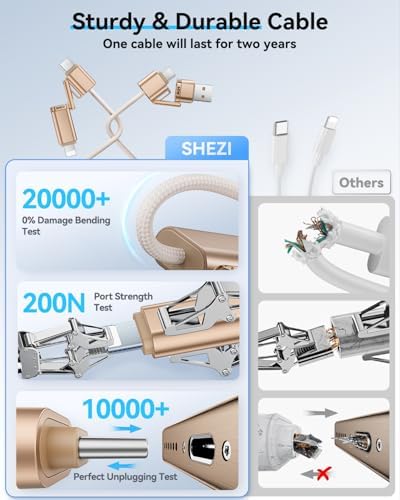 SHEZI 4-in-1 USB C to Lightning Charging Cable – 60 W Fast Charge & Data Sync for i Phone, i Pad, Samsung & Mac Book – 5 FT Multi-Device Travel Charger, Compatible with Apple Car Play & Android Auto, Durable White Design for Ultimate Versatility