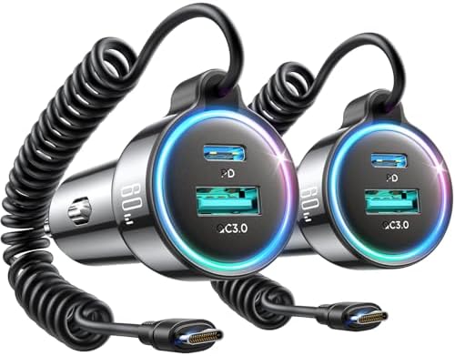 Dual 60 W Fast Car Charger USB-C with 30 W Coiled Cable – Ultimate Charging Solution for i Phone 15/16 Pro Max, Samsung S24/S23, and Android Devices – Rapid PD & QC3.0 Technology for Uninterrupted Power on the Go