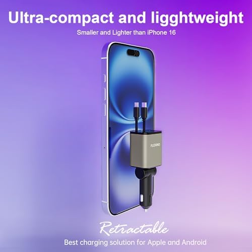 Premium Flexino Compact Retractable Car Charger for i Phone 16 – 69 W Fast Charging with Dual 2.6 ft USB C Cords | Efficient Power Adapter Compatible with i Phone 16/15/14/13/12 Series & Galaxy Devices | Sleek Grey Design for Ultimate Portability and Reduced Cable Clutter