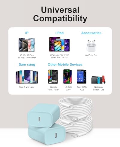 20 W USB-C Wall Charger for i Phone 16 & 15 – Fast Charging Dual Pack with 6 FT Type-C Cable – Optimized Power Delivery for i Pad Pro and More – Compact, Durable, and Travel-Friendly Charging Solution for Home and On-the-Go Use