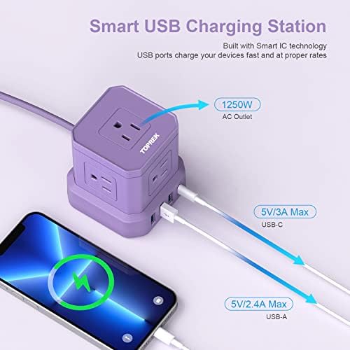 TOPREK 10 FT Power Strip with USB-C Fast Charging (3.0 A) – 5 AC Outlets & 4 USB Ports Surge Protector for Home, Office & Travel – Compact Desk Charging Station with Enhanced Surge Protection (700 J) for All Devices