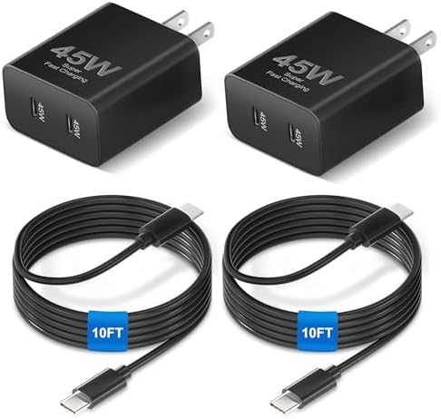 45 W Dual Port Type-C Fast Charger Bundle with 10 FT Cables – Ultimate On-the-Go Power for Samsung Galaxy S Series and i Phone 15/16 – Lightweight, Compact Design with Advanced Safety Features – Rapid Charging Solution for Mobile Professionals and Gamers