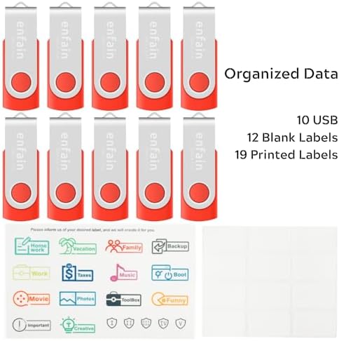 Enfain 10-Pack Red USB Flash Drives 16 GB – High-Speed USB 2.0 Memory Sticks with LED Indicator & 12 Labels for Easy Organization – Reliable & Portable Data Storage Solution for Professionals and Students