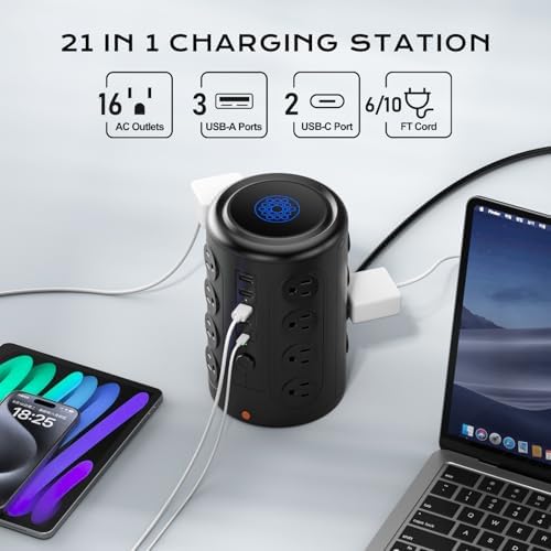 Maximize Your Charging Efficiency with the Ten Trend Vertical Power Tower – 16 Outlet Surge Protector Power Strip Featuring 5 USB Ports (2 USB-C), 10 FT Heavy-Duty Cord, 1875 W Capacity, and 2000 J Surge Protection for Home Office and Dorm Room Essentials – Space-Saving Design for Ultimate Convenience and Safety