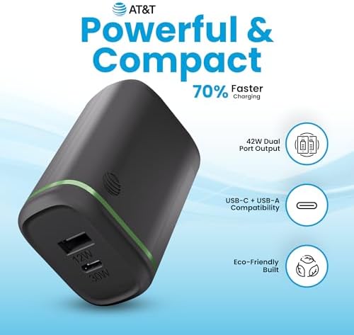 AT&T 40 W USB-C Fast Charging Wall Adapter – Ultimate Travel Companion with Foldable Prongs for i Phone, i Pad, Samsung Galaxy, Google Pixel & More – Universal Compatibility for Rapid Power Delivery Anytime, Anywhere