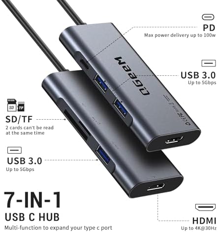 Elevate Your Connectivity Game with the QGee M 7-in-1 USB C Hub – Ultimate 4 K HDMI Adapter for Mac Book, i Phone 15/16, i Pad Pro Max & Chromebook – 100 W Power Delivery, High-Speed USB 3.0 Ports & Integrated Card Reader in Sleek Grey for Superior Performance and Unmatched Versatility