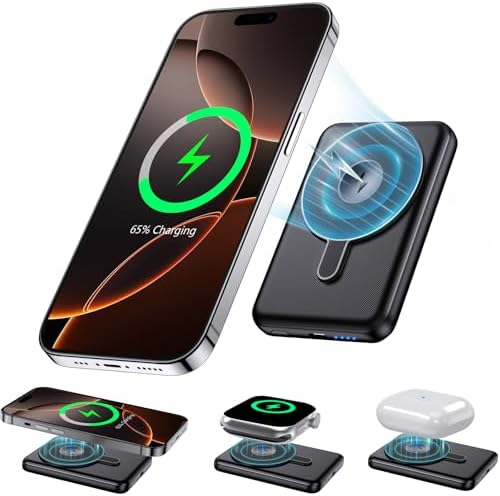 Kurdene Ultra Slim 3-in-1 Wireless Portable Charger – 5000 m Ah Magnetic Power Bank for Fast Charging i Phone 16/15/14/13/12, Apple Watch & Air Pods – Sleek Black Design for Ultimate Portability and Efficiency