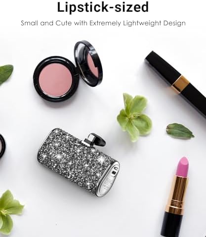 Chic Gray Bling Portable Power Bank – 6800 m Ah Fast Charger with Type-C Connector and Built-in Flashlight for i Phone 15 & Android Devices – Ultra-Compact Design for Stylish On-the-Go Charging and Emergency Preparedness