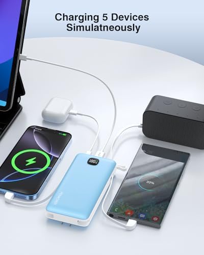 Ultra-Slim 10000 m Ah Fast Charging Power Bank with Built-In Cables & AC Plug – Versatile 5 Output USB-C Portable Charger for i Phones, Samsung, Android & More – Perfect for Travel & On-the-Go Power Solutions