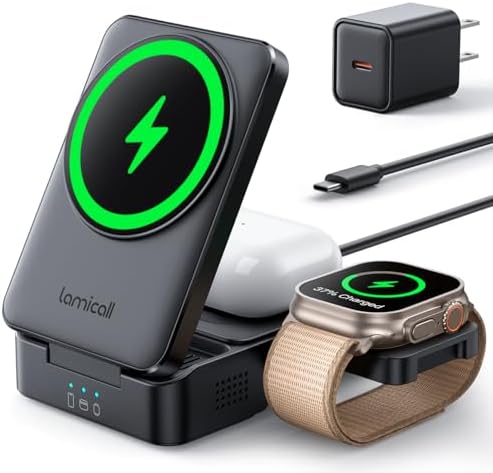 Lamicall 3-in-1 Wireless Charging Station for Mag Safe – Portable Fast Charging Hub for i Phone 16, 15, 14, 13, Apple Watch & Air Pods – Foldable Design for Travel Convenience & Enhanced Device Compatibility