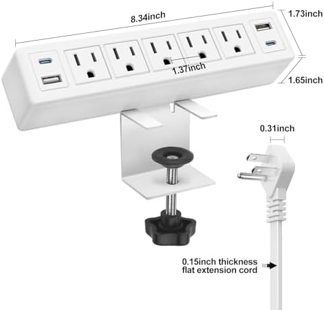 40 W Fast Charging Desk Clamp Power Strip with 4 PD20 W USB Ports and 5 Outlets – 1200 J Surge Protector for Enhanced Device Safety – Perfect for Home Offices, Workshops, and Gaming Stations – Durable Design for Easy Attachment to 1.65” Thick Tabletops