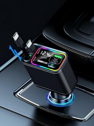 Ultimate 107 W Fast Charging Retractable Car Charger with Built-in Lightning & USB-C – Superior Compatibility for i Phone 16/15/14, Samsung S24/S23/S22, Pixel 9/8/7 – Sleek Black Design for Organized Travel and Efficient Power Solutions