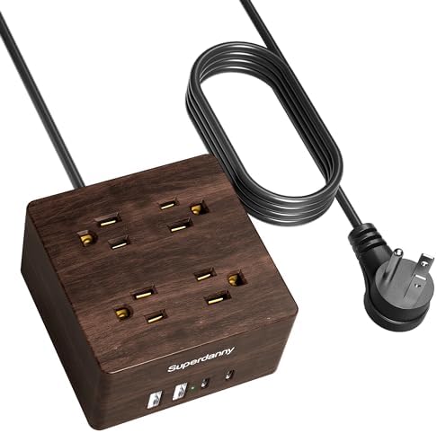 SUPERDANNY Portable USB Power Strip Surge Protector – Premium Desktop Extension Cord with 4 Spacious Outlets & 4 Advanced Smart USB Charging Ports for Home, Office, Hotel, Dorm, and RV Use – Elegant Faux Walnut Finish for Enhanced Aesthetics and Device Safety