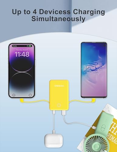 Ultra Slim 6000 m Ah Power Bank with Built-In USB C Cords – Card-Sized Portable Charger for Effortless On-the-Go Charging, Triple Output for i Phone, Samsung, Google Devices – Stylish and Compact Battery Pack for Enhanced Efficiency and Versatility