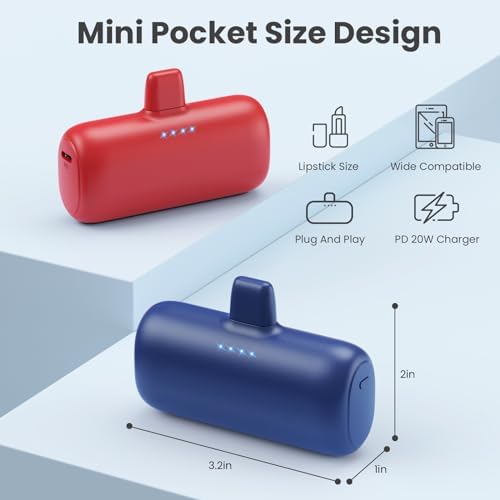 Ultra-Compact 2-Pack i Phone Power Bank – 5200 m Ah PD Fast Charging Mini Portable Charger for Travel – Cordless, Lightweight Battery Pack Compatible with i Phone 14/14 Pro/13/12/11/X/8/7/6 Plus – Essential Charging Solution for On-the-Go Lifestyles