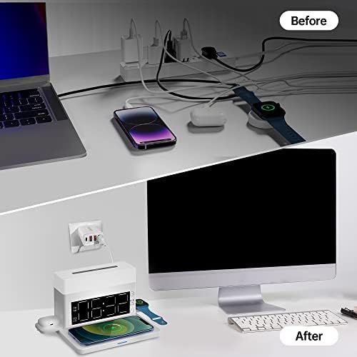 Revolutionize Your Charging Routine: 6-in-1 Wireless Charging Station with 65 W USB-C Fast Charger and Magnetic Touch Night Light – Perfect for i Phone 15/14/13/12/11/XS, Samsung Galaxy, Air Pods & Apple Watch – Streamlined Design with Integrated Alarm Clock for Modern Living