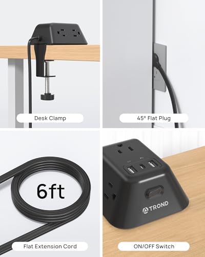 Ultimate Desk Clamp Power Strip: 5 AC Outlets & 3 USB Fast Charging Ports, Mountable Surge Protector for Home Office & Gaming, Fits 1.97″ Thick Table Edges, 6 FT Flexible Extension Cord, Enhance Productivity & Organize Your Workspace