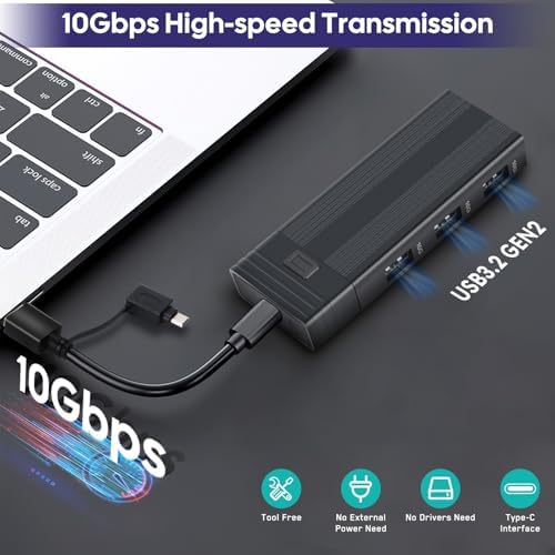 Ultra-Fast Aluminum M.2 NVMe SSD Enclosure Adapter – USB 3.2 Gen 2 (10 Gbps) with Triple Type-A Ports, Supports 2242/2260/2280 Sizes, UASP & TRIM for Optimal Performance – Perfect for Gamers & Creative Professionals