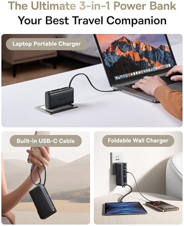 Baseus Nomos 3-in-1 Power Bank: 67 W Fast Charging with Foldable Wall Plug & 10,000 m Ah Capacity – Ultimate Travel Charger with Built-in USB-C Cable for i Phone 16/15, Samsung, Mac Book & Laptops – Unmatched Compatibility & Speed on the Go
