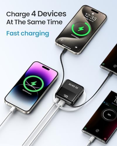 Compact 10,000 m Ah Portable Charger with Built-In Cable – Fast Charging Mini Power Bank for i Phone, Samsung, and Android Devices – Smart LED Display for Battery Monitoring – Ultimate Travel Companion for On-the-Go Power Solutions