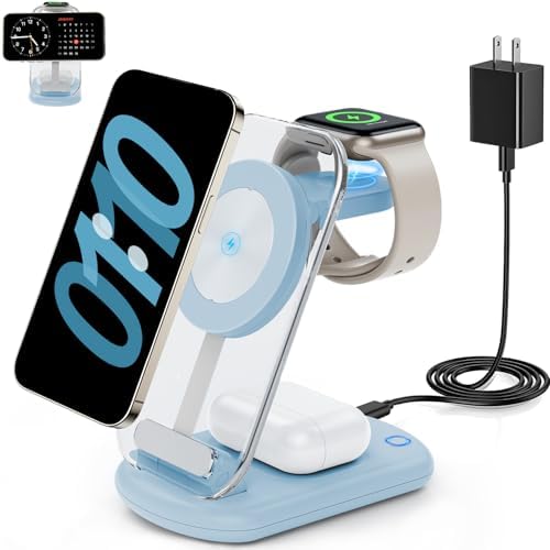 2025 Magnetic 3-in-1 Wireless Charging Station for i Phones, Apple Watches, and Air Pods – Fast Travel Charger with Integrated Light Indicator – Compact Design for Ultimate Portability – Perfect Gift for Tech-Savvy Couples – Compatible with i Phone 16, 15, 14, 13, 12 Pro Max Plus, Air Pods 4, 3, 2, Pro and Apple Watch Series – Enhance Your Charging Experience with Rapid Power-Up Technology