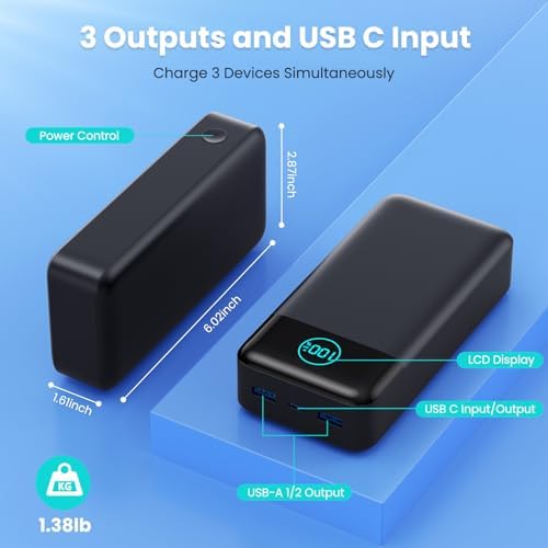 High-Capacity 50800 m Ah Portable Charger – 25 W Fast Charging Power Bank with USB-C PD & QC 4.0 Technology, Triple Output Ports & LCD Display for i Phone 16/15/14/13/12, Samsung & Universal Compatibility – Ultimate On-the-Go Power Solution