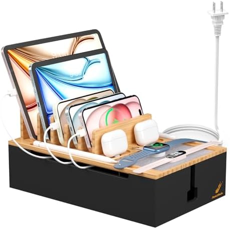 Pezin & Hulin Eco-Friendly Bamboo Charging Station – 10-Port USB Dock Organizer with 6 Cables, Enhanced Power Supply & Cable Management for Multi-Device Charging, Sleek Natural and Black Design for Homes and Offices