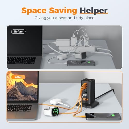 TESSAN 30 W 9-in-1 Multi-Device Charging Station with Surge Protection – Ultimate Charger Block for i Phone 16/15/14/13, Tablets, and Earphones – 5 ft Flat Extension Cord with 4 USB A & 2 USB C Ports – Compact Design for Home, Office, or Dorm – Enhanced Safety and Efficiency