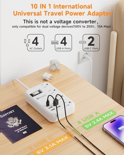 International Travel Power Adapter with 6 USB Ports and 4 AC Outlets – Versatile Plug Converter for European Destinations Including UK, France, Italy, and Germany – Compact 3 ft Extension Cord with Surge Protection for Enhanced Device Safety and Charging Efficiency