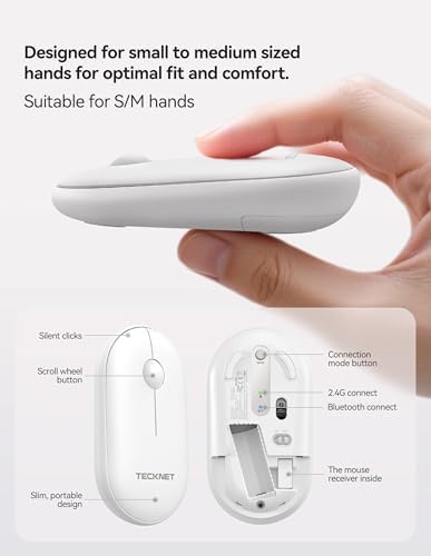 TECKNET Dual Mode Bluetooth Mouse – Compact Portable Wireless Mouse with Silent Clicks for Laptops & Desktops | Seamless Bluetooth 3.0/5.0 & 2.4 GHz USB Connectivity | Ergonomic Design for PC, Chromebook & Mac Users – Sleek Grey Finish for Ultimate Style and Comfort