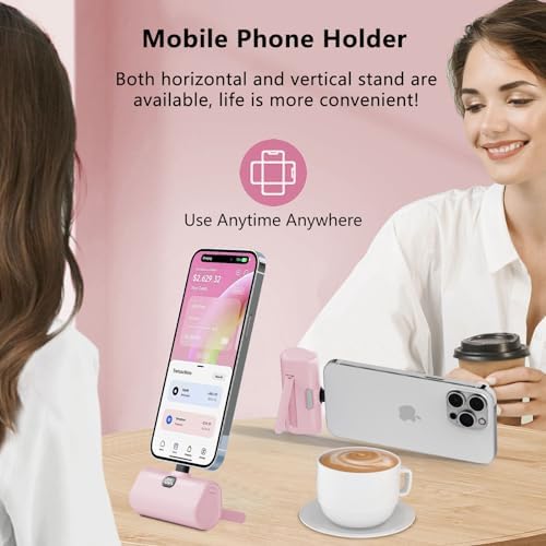 LUCKYDUO Ultra-Compact 5000 m Ah Portable Power Bank with Built-In Phone Holder & LED Light for i Phone – Essential Travel Charger with LCD Battery Indicator, Compatible with i Phone 14/13/12/11/XR/SE/8/7 Pro Max – Stay Charged Anywhere