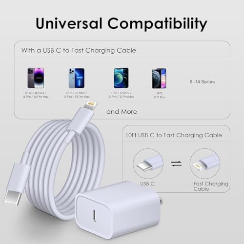 Ultimate Fast Charging Solution for i Phone: MFi Certified 10 FT Type C Charger 2-Pack with 20 W USB-C Power Adapter – Optimal Compatibility for i Phone 14, 13, 12, 11, XS, XR, X & 8 Plus – Experience Unmatched Speed and Durability for All Your Charging Needs