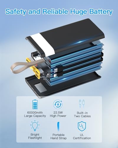 High-Capacity 60000 m Ah Power Bank with Dual Fast Charging Cables, 22.5 W Output, 7 Port Multi-Device Charger, Essential for Outdoor Adventures and Daily Use, Sleek Black Design with LED Flashlight for Emergencies – Ultimate Portable Charging Solution