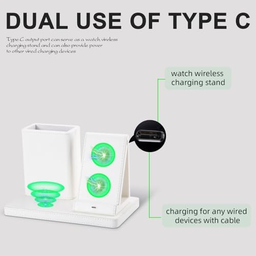 Sophisticated White Leather Pen Holder Desk Organizer with 3-in-1 Wireless Charger for Phone, Earbuds & Watch – Ultimate Desk Accessory for Women, Ideal Birthday Gift for Moms and Professionals – Enhance Workspace Efficiency and Style