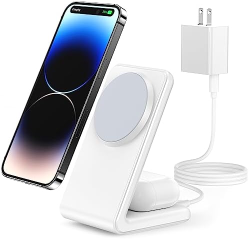 Meifigno Dual Pack Mag Safe-Compatible Fast Wireless Charger Stand with 20 W USB-C Block & 2 USB-C Cables – Premium Charging Solution for i Phone 16 Pro Max, 15, 14, 13, 12 & Air Pods 4/3/Pro – Sleek Design for Efficient Device Powering and Enhanced Compatibility