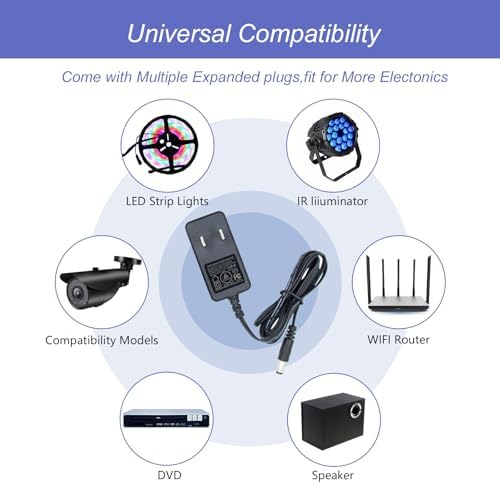 Universal 12 V 12 W AC/DC Power Supply Adapter with 5 FT Cord – Versatile Power Solution Featuring 9 Interchangeable Jacks for Seamless Connectivity – Perfect for LED Strip Lights, Bluetooth Speakers, GPS Devices, Webcams, and Routers – Reliable and Efficient Performance for Home and Office Use