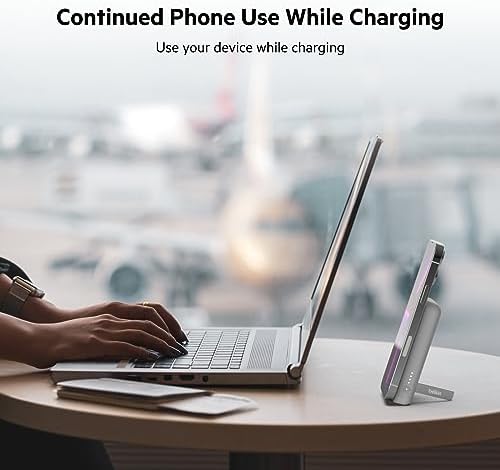 Belkin Wireless Power Bank 5000 m Ah with Mag Safe Compatibility – Portable Charger for i Phone 16 Series, i Phone 15, and Air Pods – 7.5 W Fast Charging with Built-in Kickstand for Hands-Free Use – Lightweight White Design for On-the-Go Charging Solutions