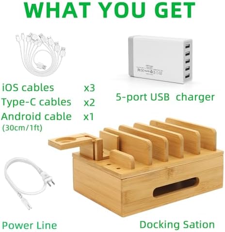 Eco-Friendly Bamboo Charging Station: Multi-Device Desk Docking Hub with 5-Port USB Charger & 6 Cables for Phones, Tablets, Smartwatches, and Earbuds – Ultimate Solution for Clutter-Free Charging and Enhanced Compatibility