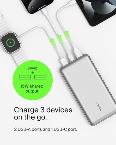 Belkin 20000 m Ah USB-C Power Bank – Dual USB-A Ports, Fast 15 W Charging for i Phone 16/15 Plus, Samsung Galaxy S25, Pixel, i Pad, Nintendo Switch 2 – Travel-Friendly Design in Pearl Blue for Enhanced Device Compatibility and On-the-Go Power