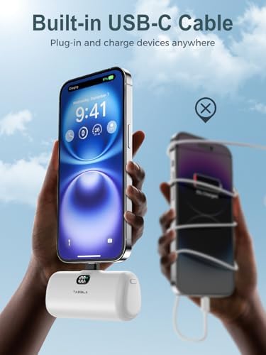 Compact Taegila 2-Pack Ultra-Light Portable Power Bank for i Phone 15/16 & Samsung Galaxy – 5000 m Ah Charger with Built-in Cable and LCD Display for Instant Power on-the-Go, Fast Recharging Technology, Versatile LED Light Modes for Emergencies and Selfies, Enhanced Safety Features with Heat Insulation, Ideal for Travel and Outdoor Adventures, Essential Companion for Reliable Power Supply